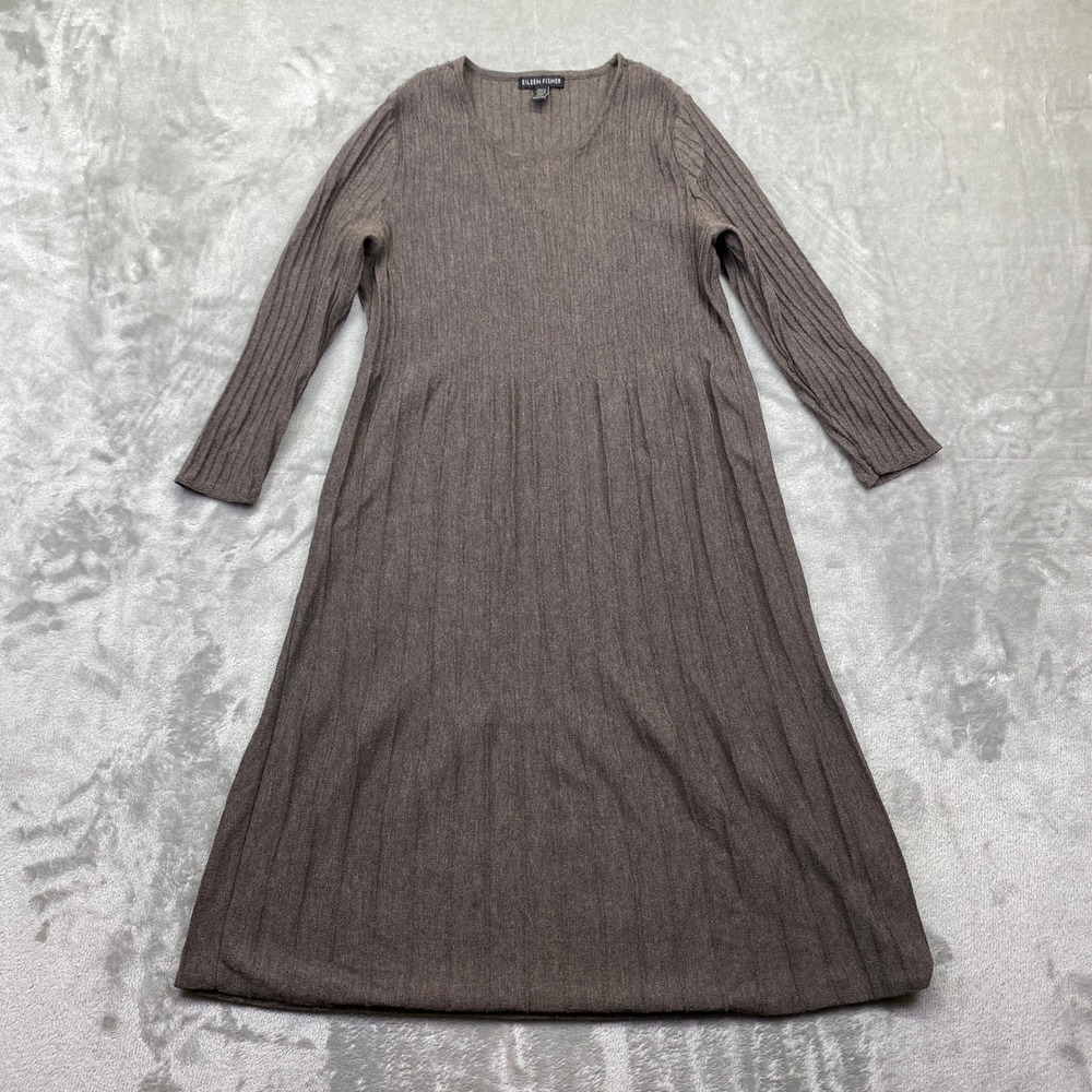 Eileen Fisher Wool Ribbed Knit Midi Dress Brown Long Sleeve XXS Pleated Festive - Picture 1 of 10